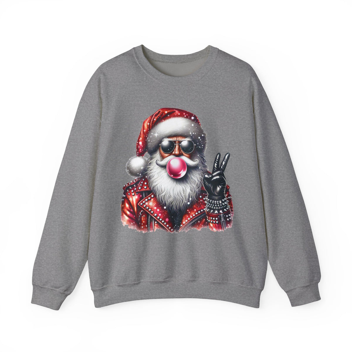 Biker Santa Leather Jacket Bubblegum – Gildan Heavy Blend | Trendy Women’s and Men's Soft Sweatshirt. Direct to Garment. Printed & Shipped in the USA. Unisex Sizes.
