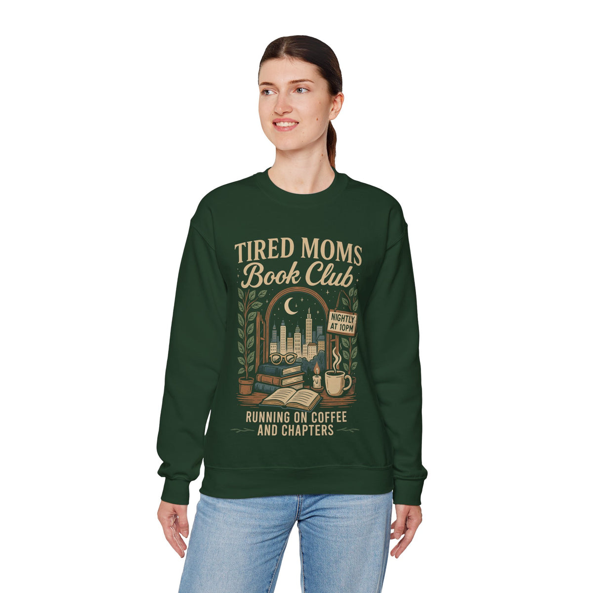 Tired Moms Book Club Running on Coffee and Chapters – Gildan Heavy Blend | Trendy Women’s Soft Sweatshirt. Direct to Garment. Printed & Shipped in the USA. Unisex Sizes.