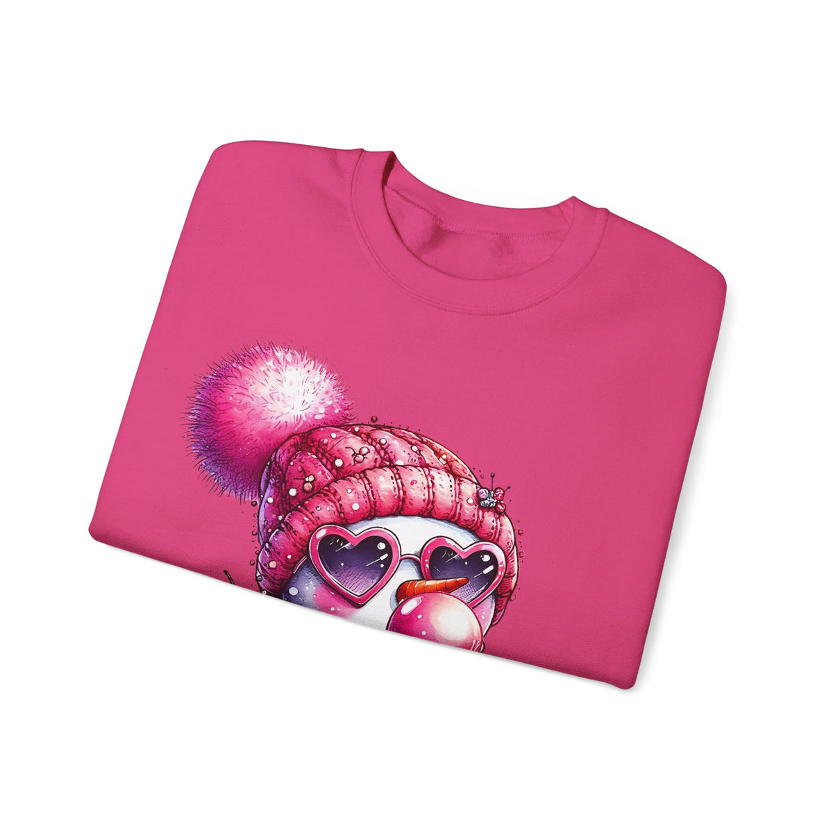 Pink Girly Snowman with Heart Sunglasses and Bubblegum - Winter – Gildan Heavy Blend | Trendy Women’s Soft Sweatshirt. Direct to Garment. Printed & Shipped in the USA. Unisex Sizes.