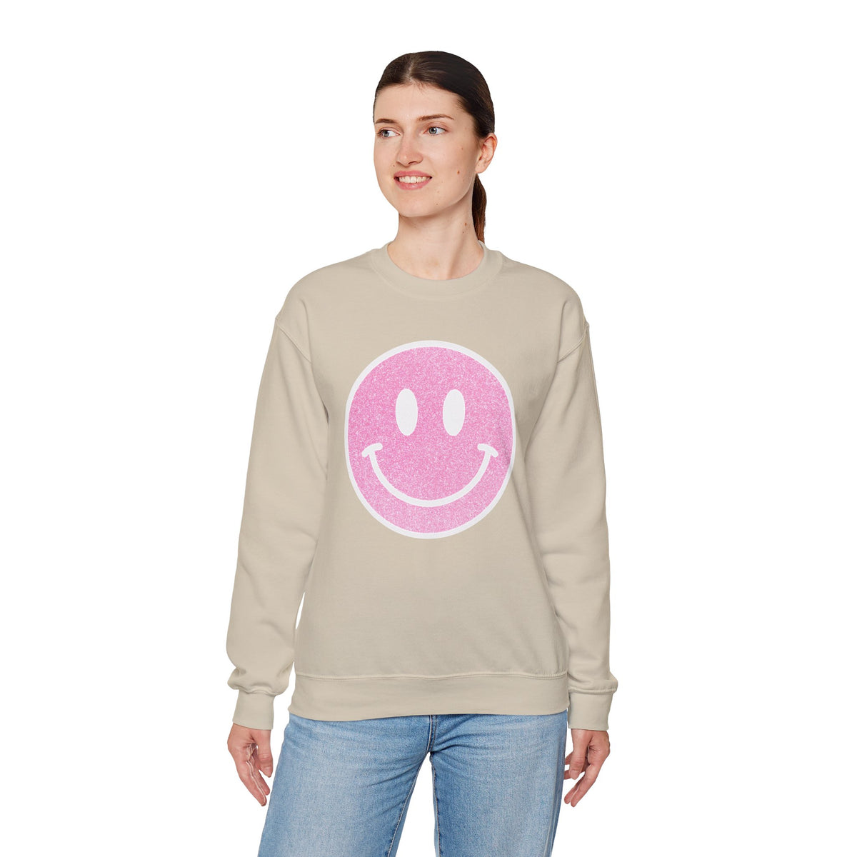 Glitter Smiley – Gildan Heavy Blend | Trendy Women’s Soft Sweatshirt. Direct to Garment. Printed & Shipped in the USA. Unisex Sizes.