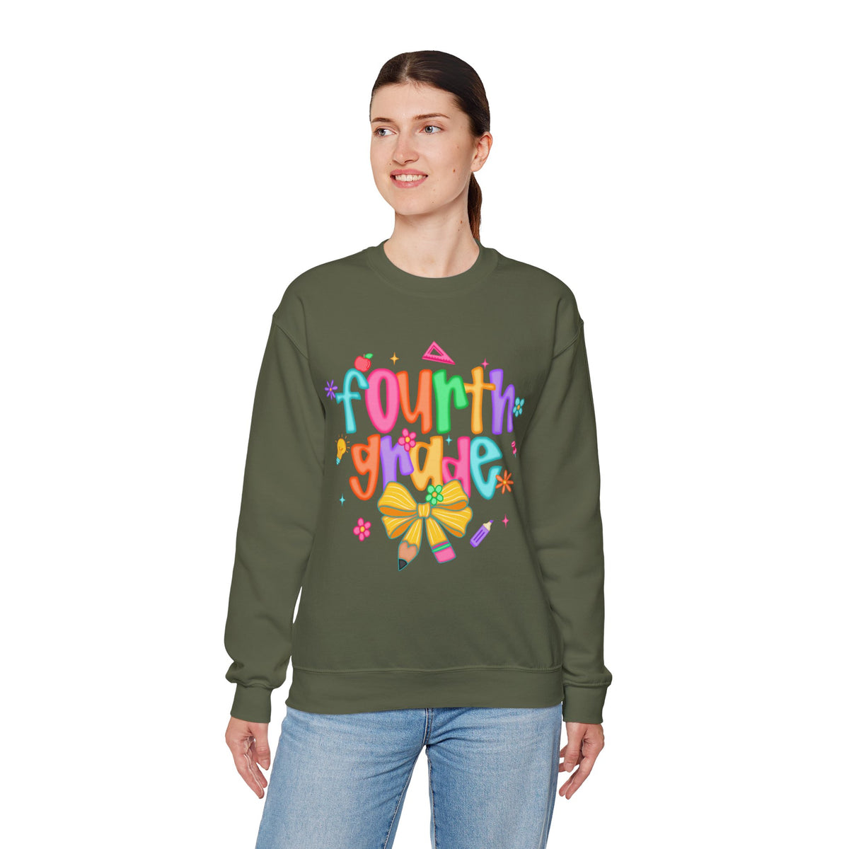 Coquette Fourth Grade Pencil Bow – Gildan Heavy Blend | Trendy Women’s Soft Sweatshirt. Direct to Garment. Printed & Shipped in the USA. Unisex Sizes.