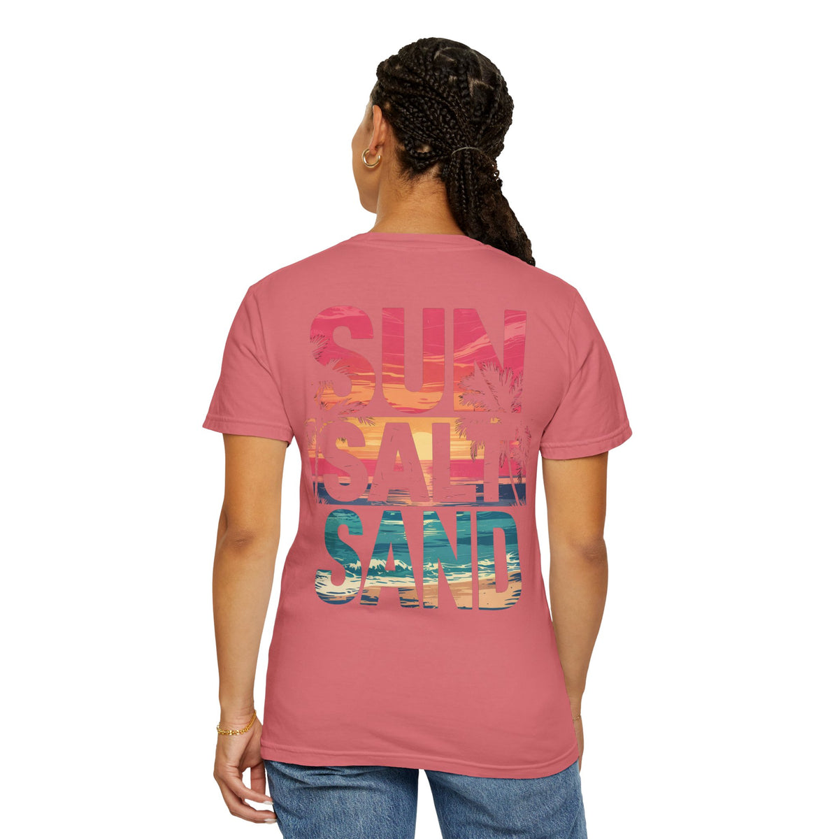 Sun Salt Sand, Beach Sunset - Front & Back Print - Comfort Colors | Trendy Women's and Men's T-Shirt. Direct to Garment. Printed & Shipped in the USA. Unisex Sizes.