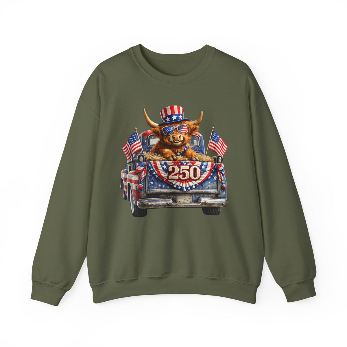 Patriotic Highland, America's 250th Birthday – Gildan Heavy Blend | Trendy Women’s and Men's Soft Sweatshirt. Direct to Garment. Printed & Shipped in the USA. Unisex Sizes.