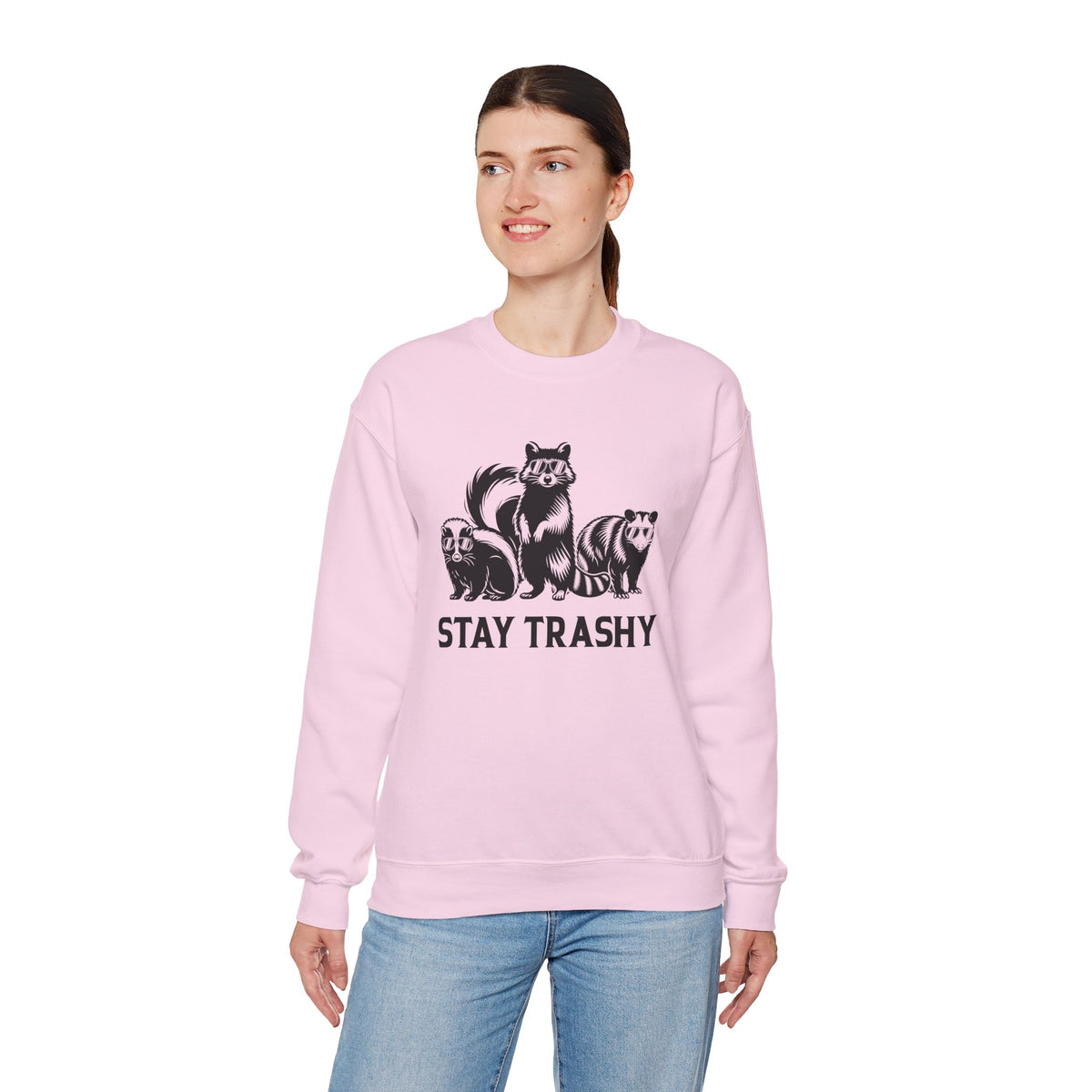 Stay Trashy, Skunk Raccoon Possum – Gildan Heavy Blend | Trendy Women’s and Men's Soft Sweatshirt. Direct to Garment. Printed & Shipped in the USA. Unisex Sizes.