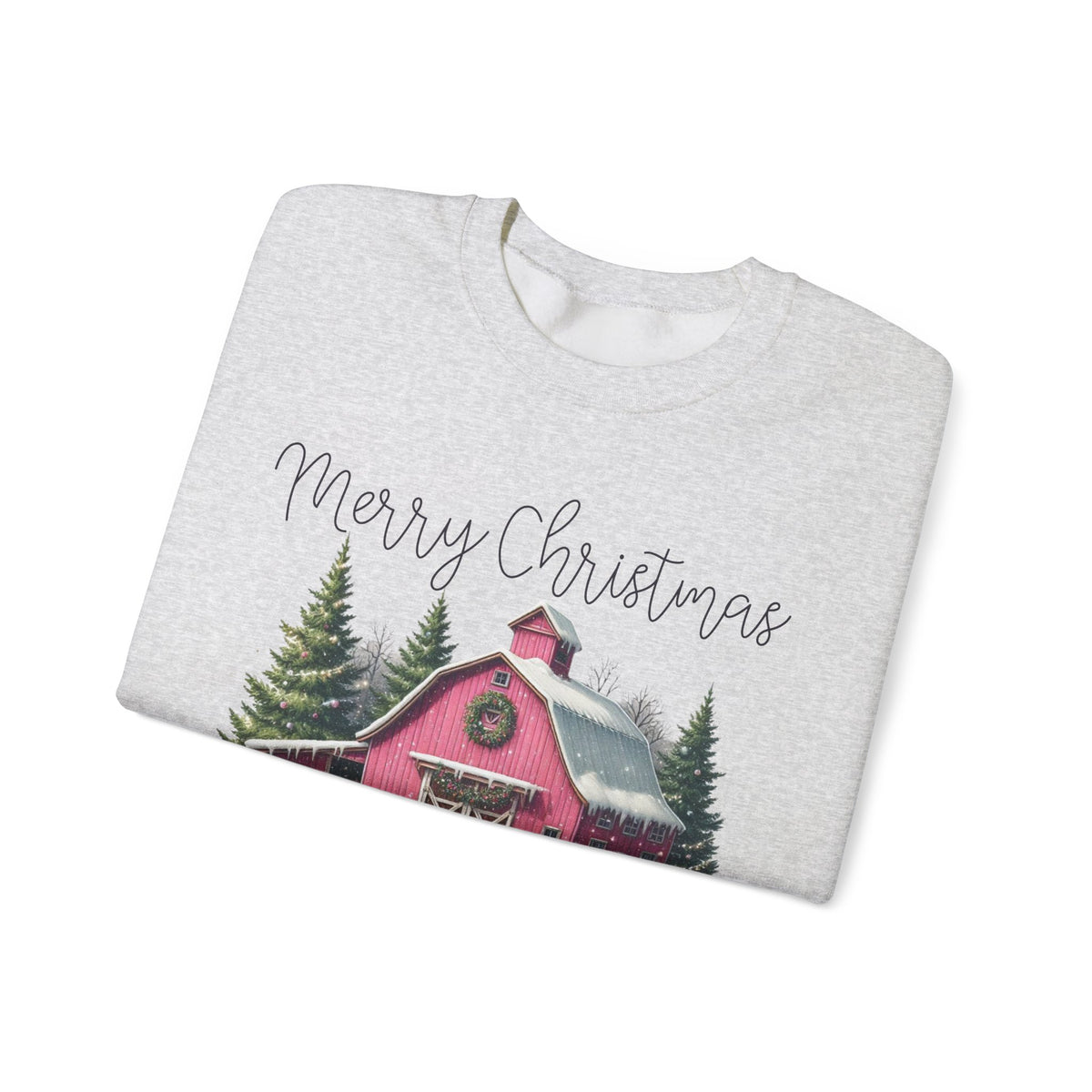 Merry Christmas Pink Barn Farm Animals – Gildan Heavy Blend | Trendy Women’s Soft Sweatshirt. Direct to Garment. Printed & Shipped in the USA. Unisex Sizes.