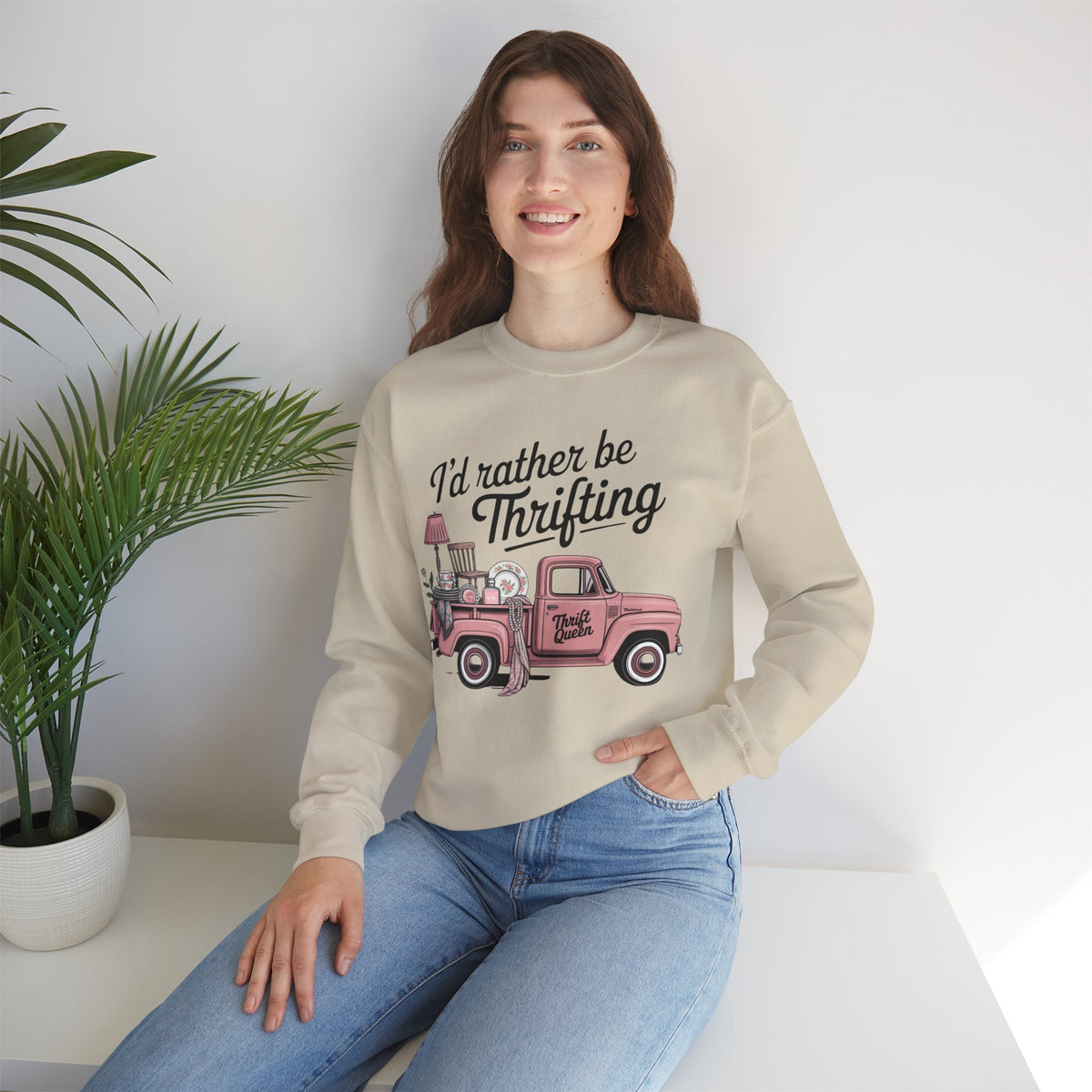 I'd Rather Be Thrifting. Pink Vintage Truck – Gildan Heavy Blend | Trendy Women’s Soft Sweatshirt. Direct to Garment. Printed & Shipped in the USA. Unisex Sizes.