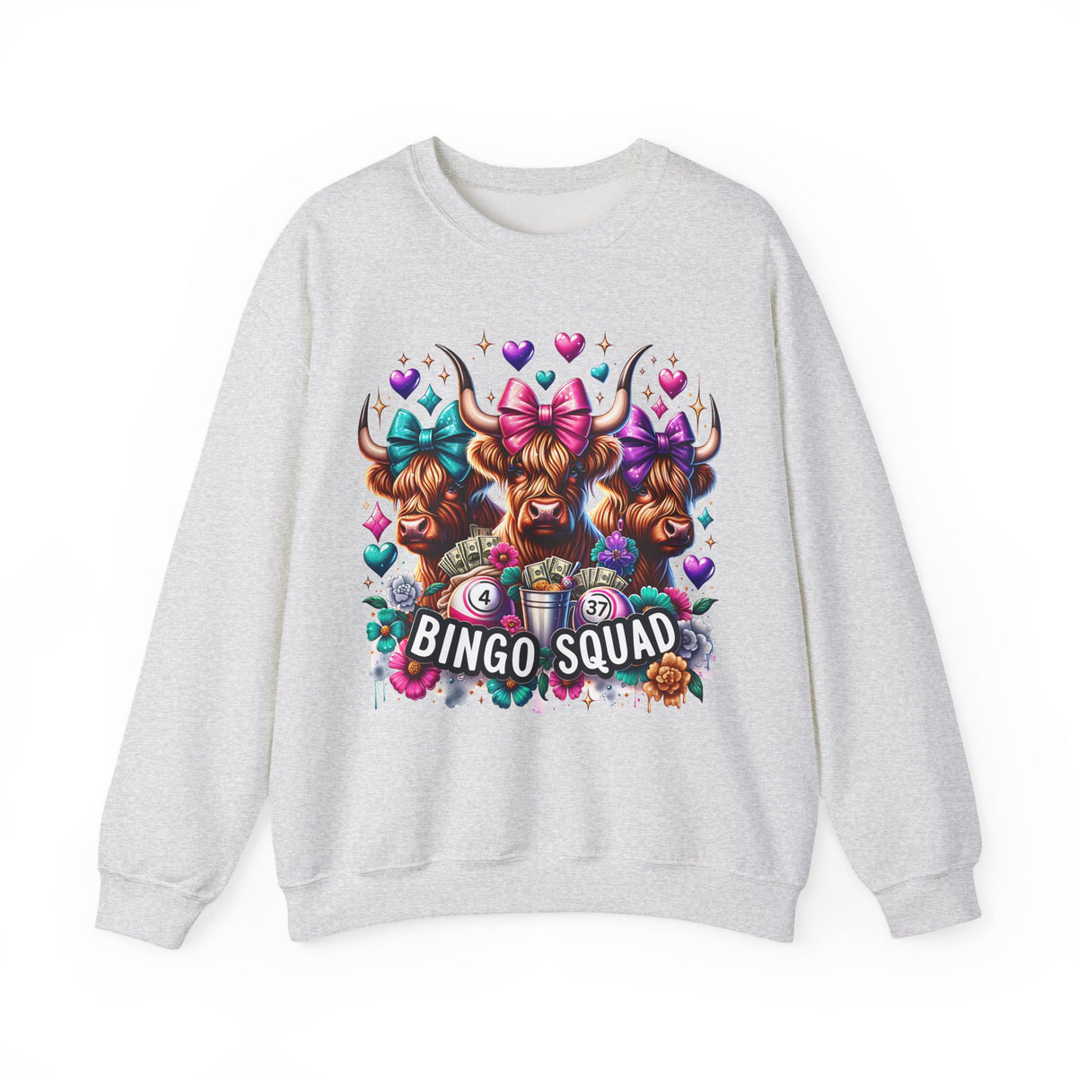 Cute Highland Cows Bingo Squad – Gildan Heavy Blend | Trendy Women’s Soft Sweatshirt. Direct to Garment. Printed & Shipped in the USA. Unisex Sizes.