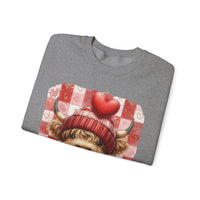 Highland Cow Be Mine, Red Checkered – Gildan Heavy Blend | Trendy Women’s Soft Sweatshirt. Direct to Garment. Printed & Shipped in the USA. Unisex Sizes.