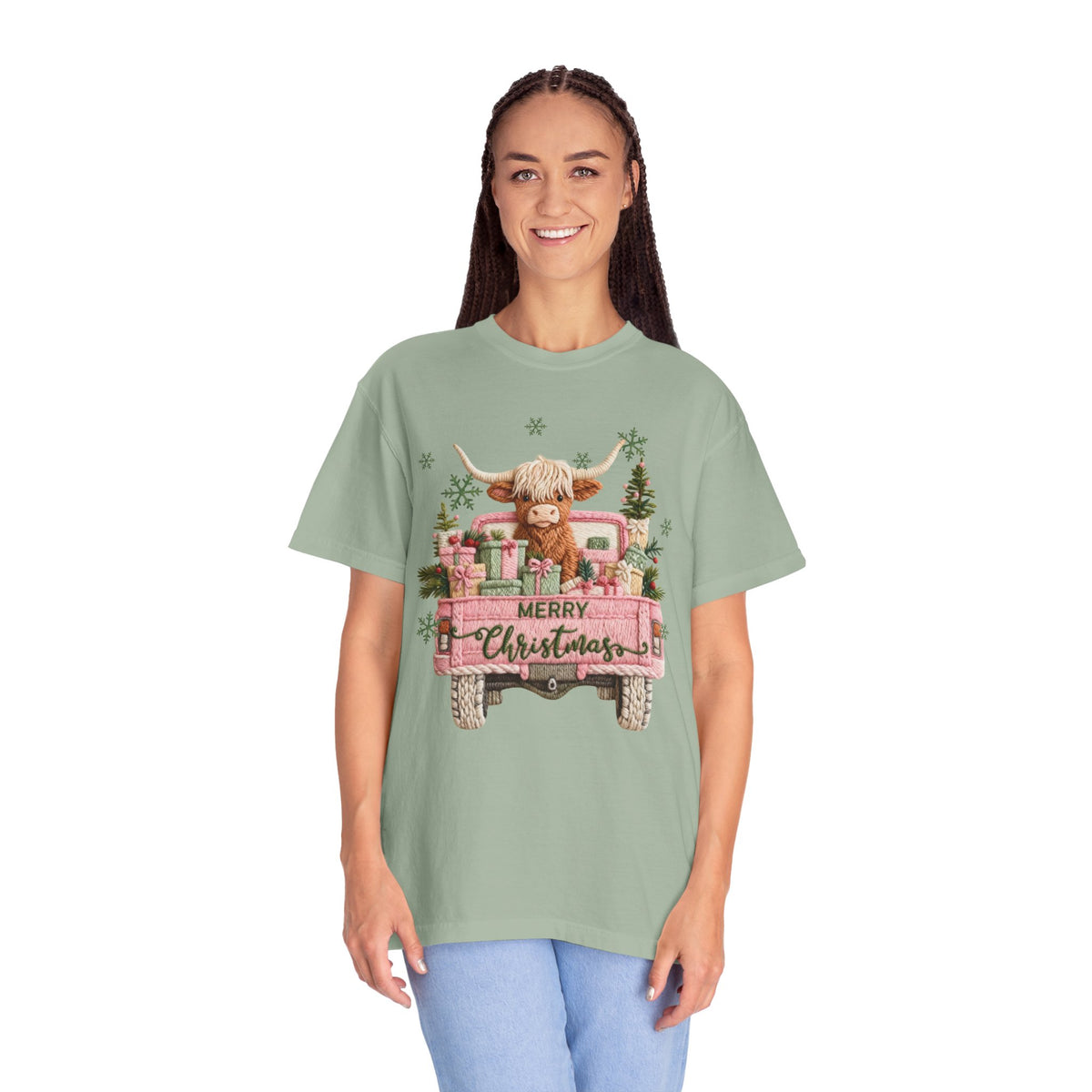 Highland Cow in Pink Truck Merry Christmas Holiday Farmhouse - Comfort Colors | Trendy Women's T-Shirt. Direct to Garment. Printed & Shipped in the USA. Unisex Sizes.