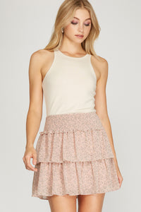 Pink Floral Smocked Waist Tiered Skirt
