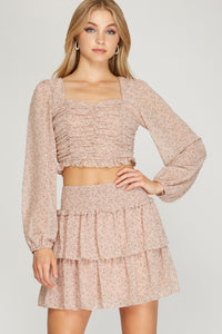 Pink Floral Smocked Waist Tiered Skirt