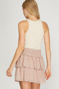 Pink Floral Smocked Waist Tiered Skirt