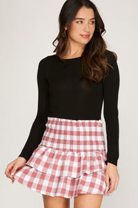 Rose & White Checkered Tiered Mini Skirt
