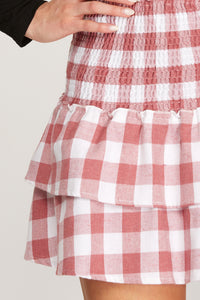 Rose & White Checkered Tiered Mini Skirt