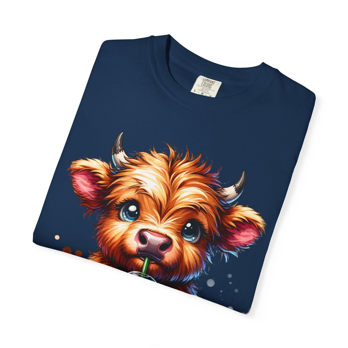 Coffee Addict Highland Cow Drinking Iced Coffee - Comfort Colors | Trendy Women's T-Shirt. Direct to Garment. Printed & Shipped in the USA. Unisex Sizes.