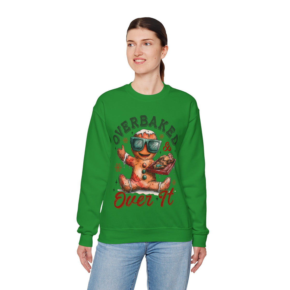 Overbaked & Over It Christmas Gingerbread – Gildan Heavy Blend | Trendy Women’s and Men's Soft Sweatshirt. Direct to Garment. Printed & Shipped in the USA. Unisex Sizes.