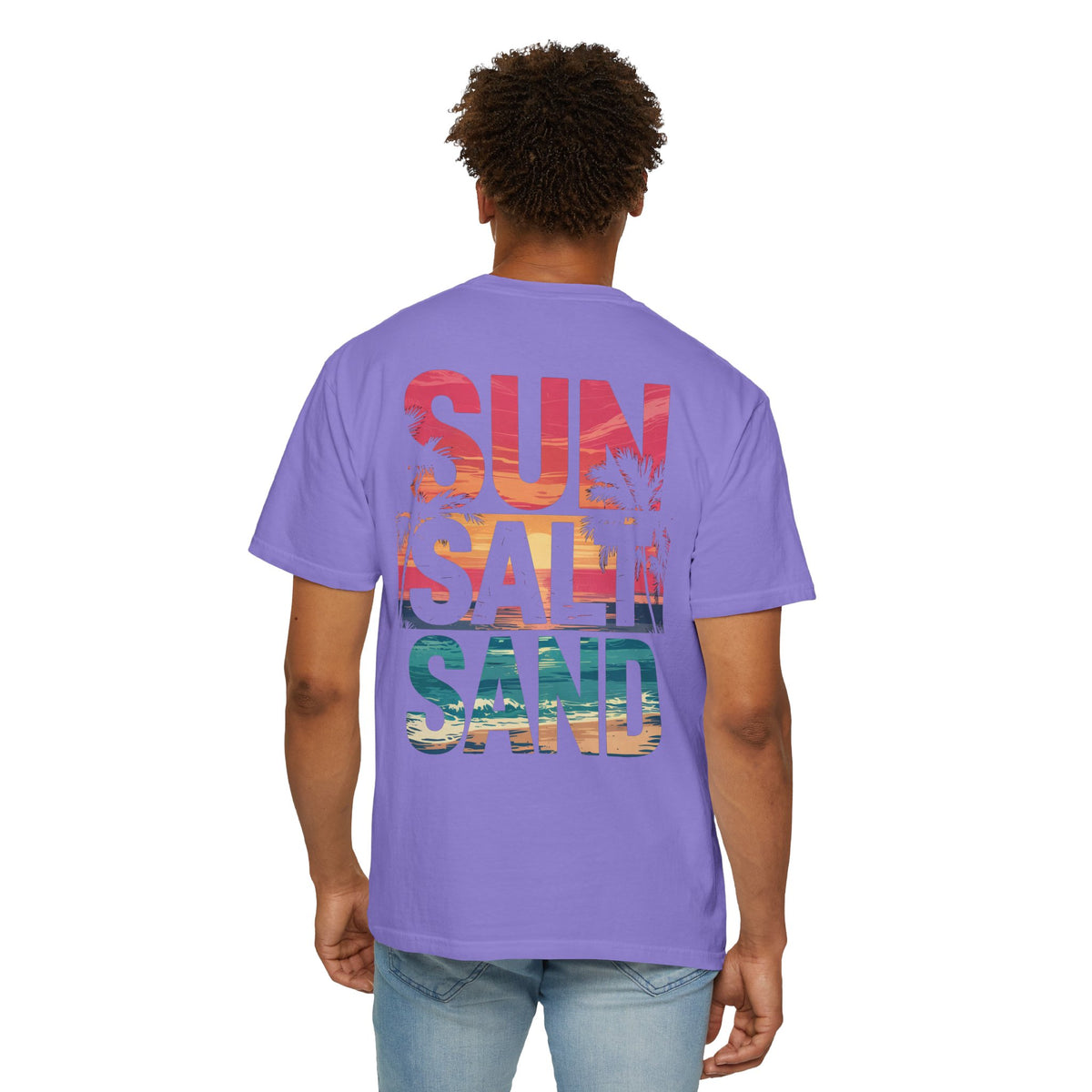 Sun Salt Sand, Beach Sunset - Front & Back Print - Comfort Colors | Trendy Women's and Men's T-Shirt. Direct to Garment. Printed & Shipped in the USA. Unisex Sizes.