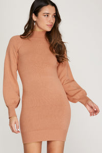 Mock Neck Lightweight Sweater Dress with Balloon Sleeves - Desert Orange