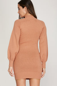 Mock Neck Lightweight Sweater Dress with Balloon Sleeves - Desert Orange