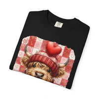 Highland Cow Be Mine, Red Checkered - Comfort Colors | Trendy Women's T-Shirt. Direct to Garment. Printed & Shipped in the USA. Unisex Sizes.