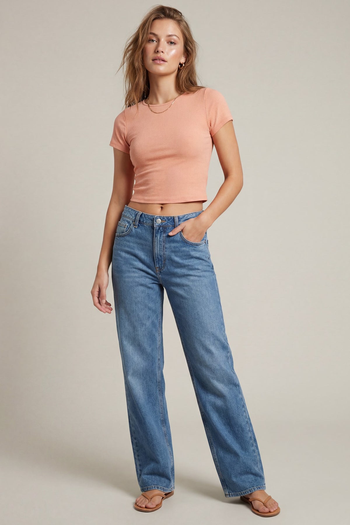 Short Sleeve (Peach) Ribbed Basic Top
