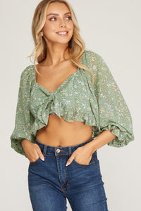 Sage Green Floral 3/4 Sleeve Tied-Front Top