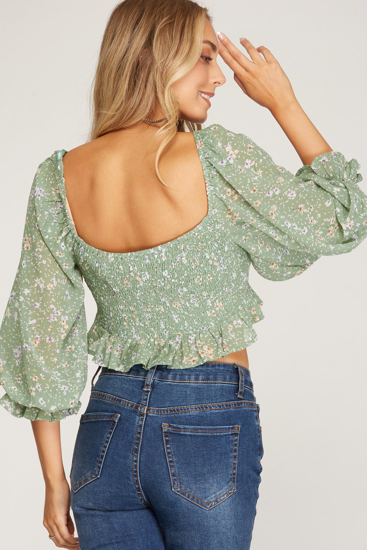 Sage Green Floral 3/4 Sleeve Tied-Front Top