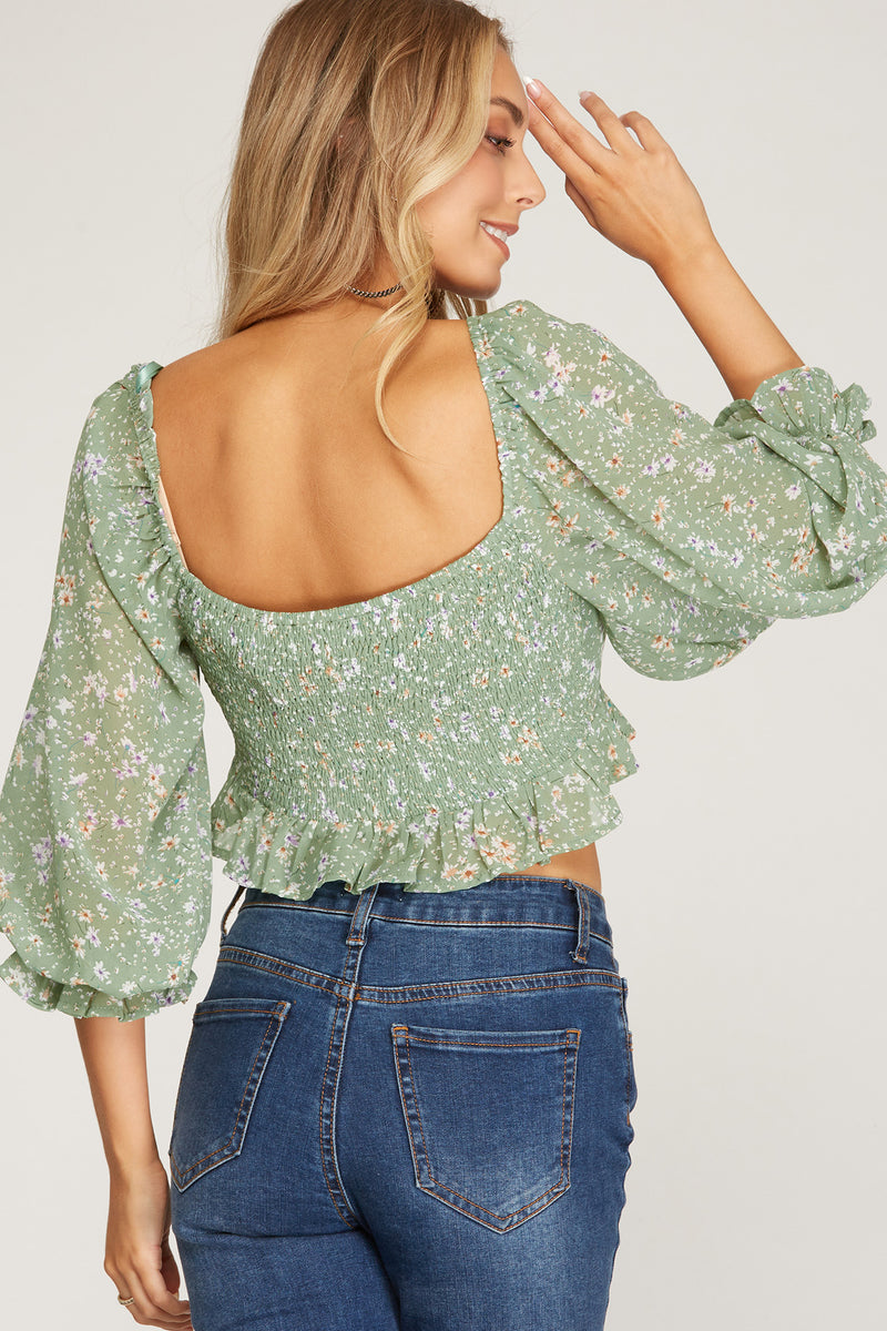 Sage Green Floral 3/4 Sleeve Tied-Front Top