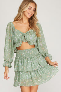 Sage Green Floral 3/4 Sleeve Tied-Front Top