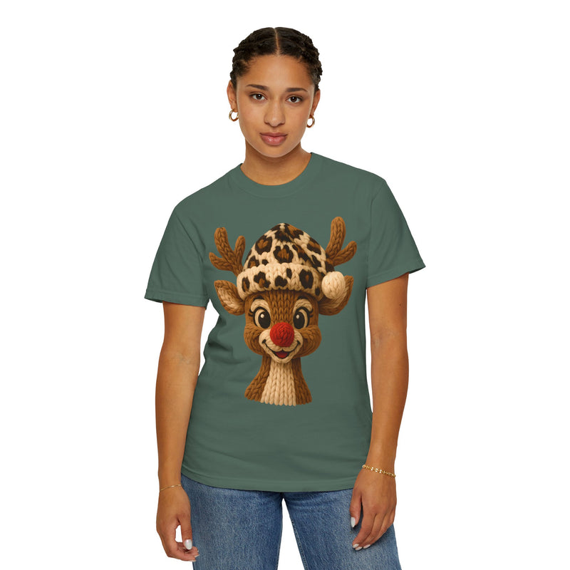 Rudolph Reindeer Leopard Santa Hat Christmas - Comfort Colors | Trendy Women's T-Shirt. Direct to Garment. Printed & Shipped in the USA. Unisex Sizes.