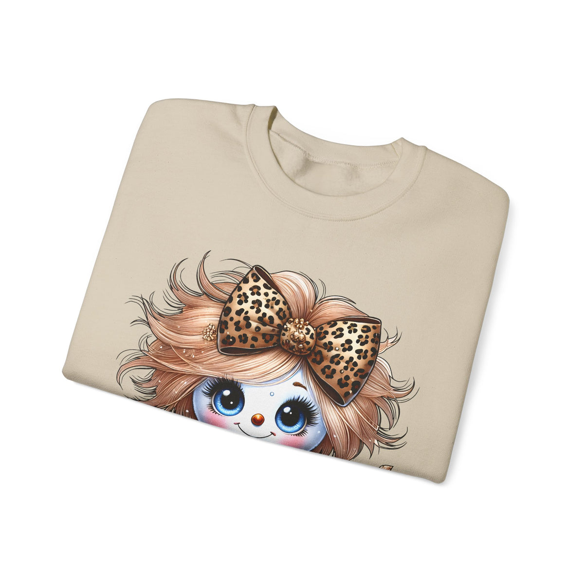 Snowgirl Cute Leopard Bow Snowman, Winter Cozy – Gildan Heavy Blend | Trendy Women’s Soft Sweatshirt. Direct to Garment. Printed & Shipped in the USA. Unisex Sizes.