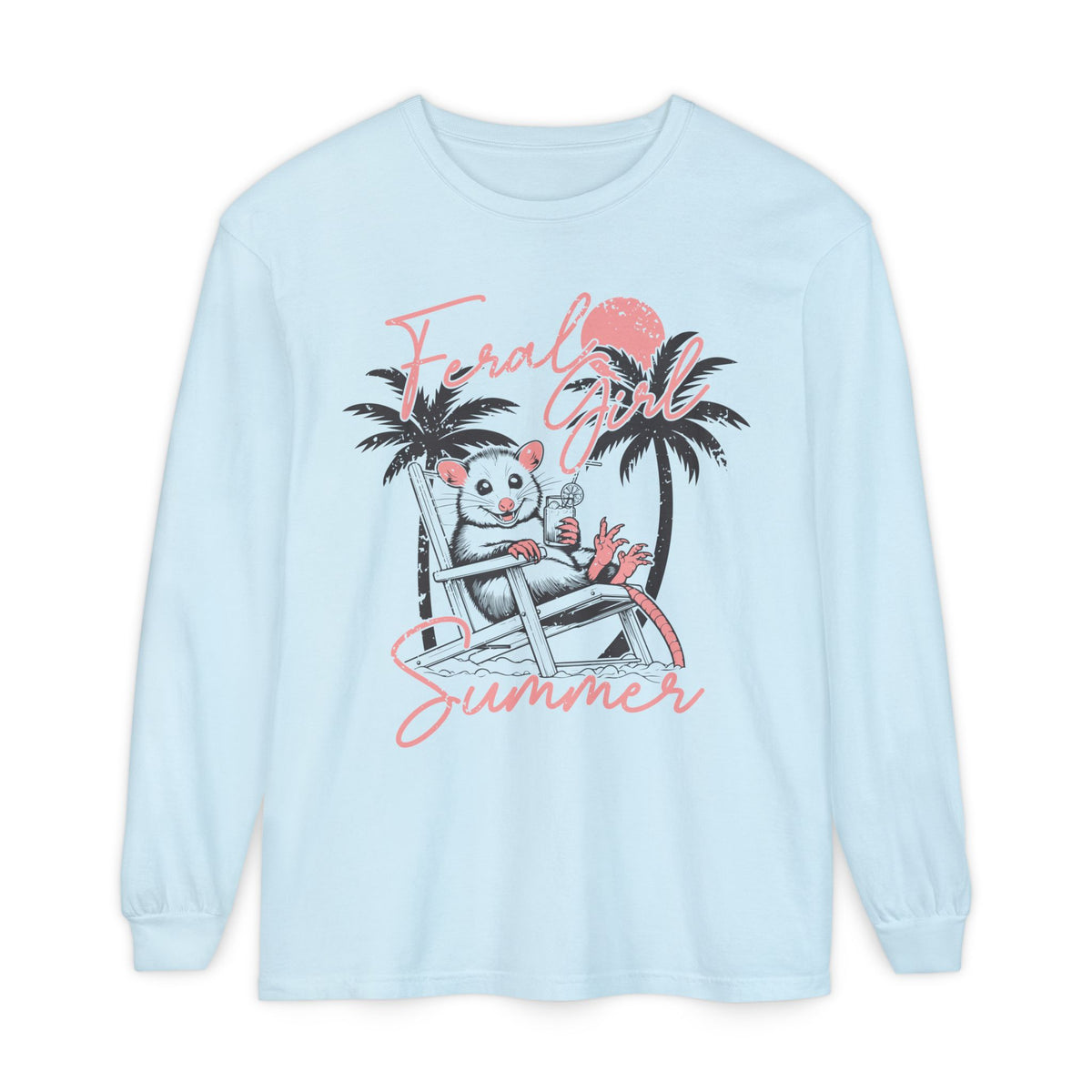 Feral Girl Summer, Possum on a Beach - Comfort Colors | Trendy Women's Long Sleeve T-Shirt. Direct to Garment. Printed & Shipped in the USA. Unisex Sizes.