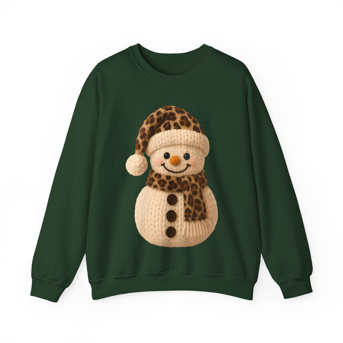 Cute Leopard Faux Knit Snowman Winter – Gildan Heavy Blend | Trendy Women’s Soft Sweatshirt. Direct to Garment. Printed & Shipped in the USA. Unisex Sizes.