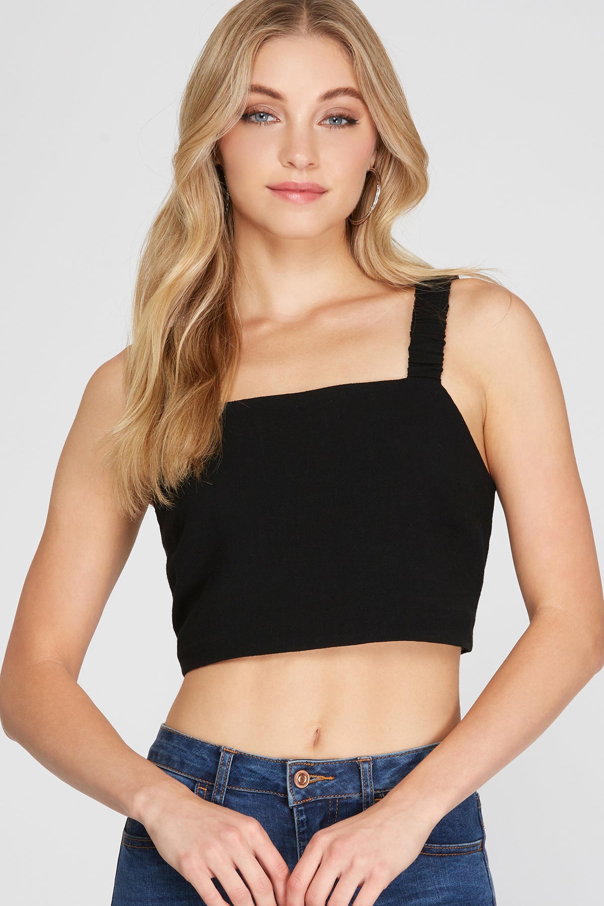Woven Cami Crop Top (Black) with Ruched Shoulder Straps