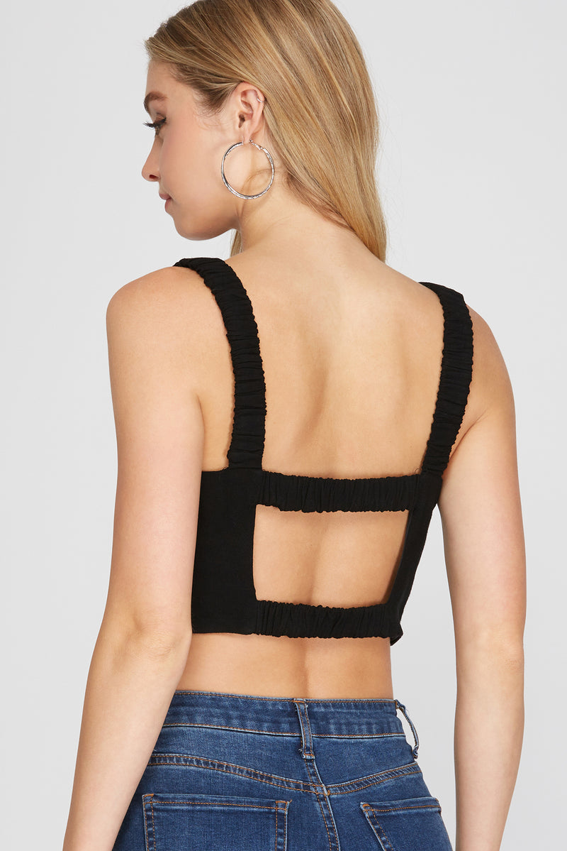 Woven Cami Crop Top (Black) with Ruched Shoulder Straps