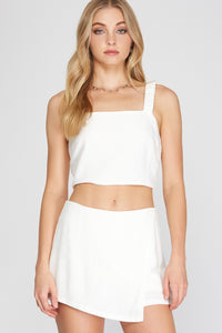 Woven Cami Crop Top (Off White) with  Ruched Shoulder Straps