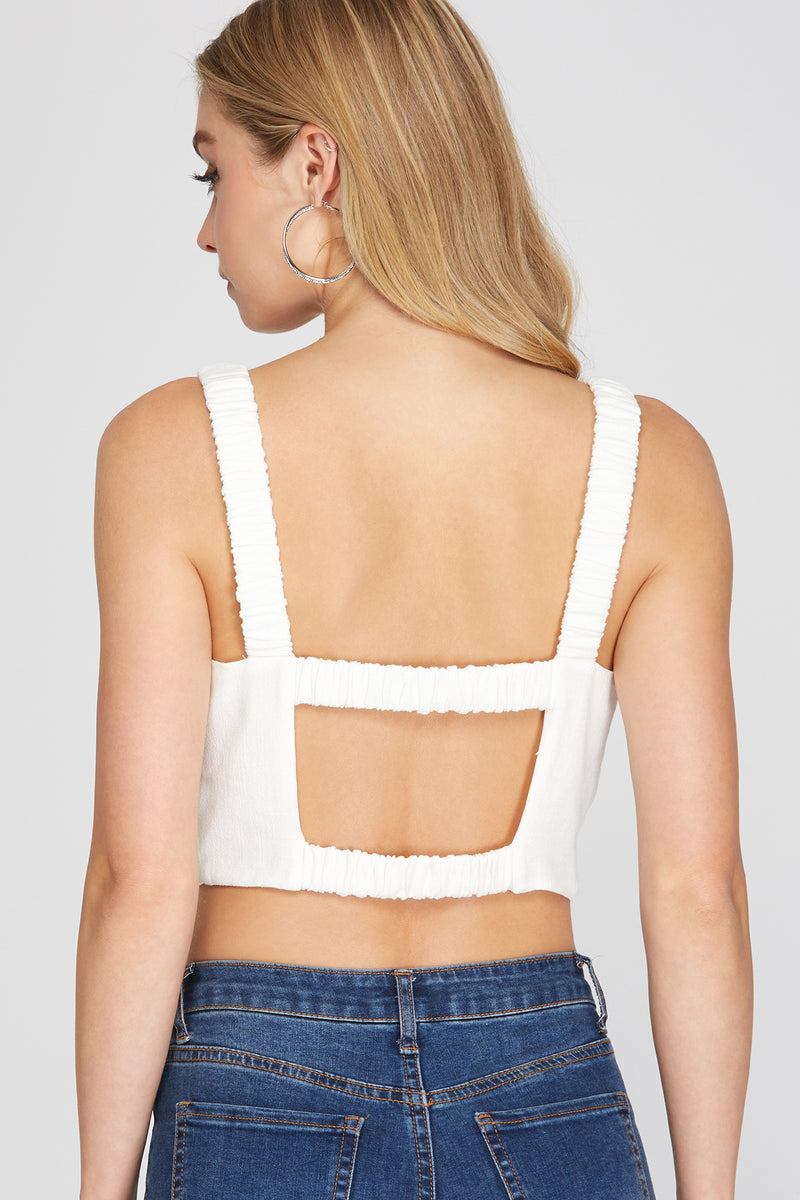 Woven Cami Crop Top (Off White) with  Ruched Shoulder Straps