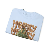 Merry Merry Merry Christmas, Faux Latch Hook Yarn – Gildan Heavy Blend | Trendy Women’s Soft Sweatshirt. Direct to Garment. Printed & Shipped in the USA. Unisex Sizes.