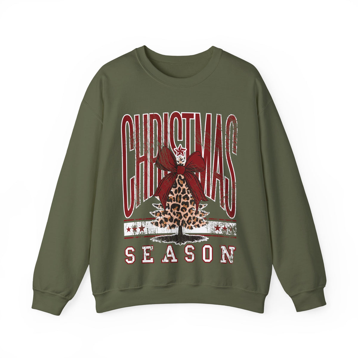 Christmas Season Leopard Tree Distressed – Gildan Heavy Blend | Trendy Women’s Soft Sweatshirt. Direct to Garment. Printed & Shipped in the USA. Unisex Sizes.