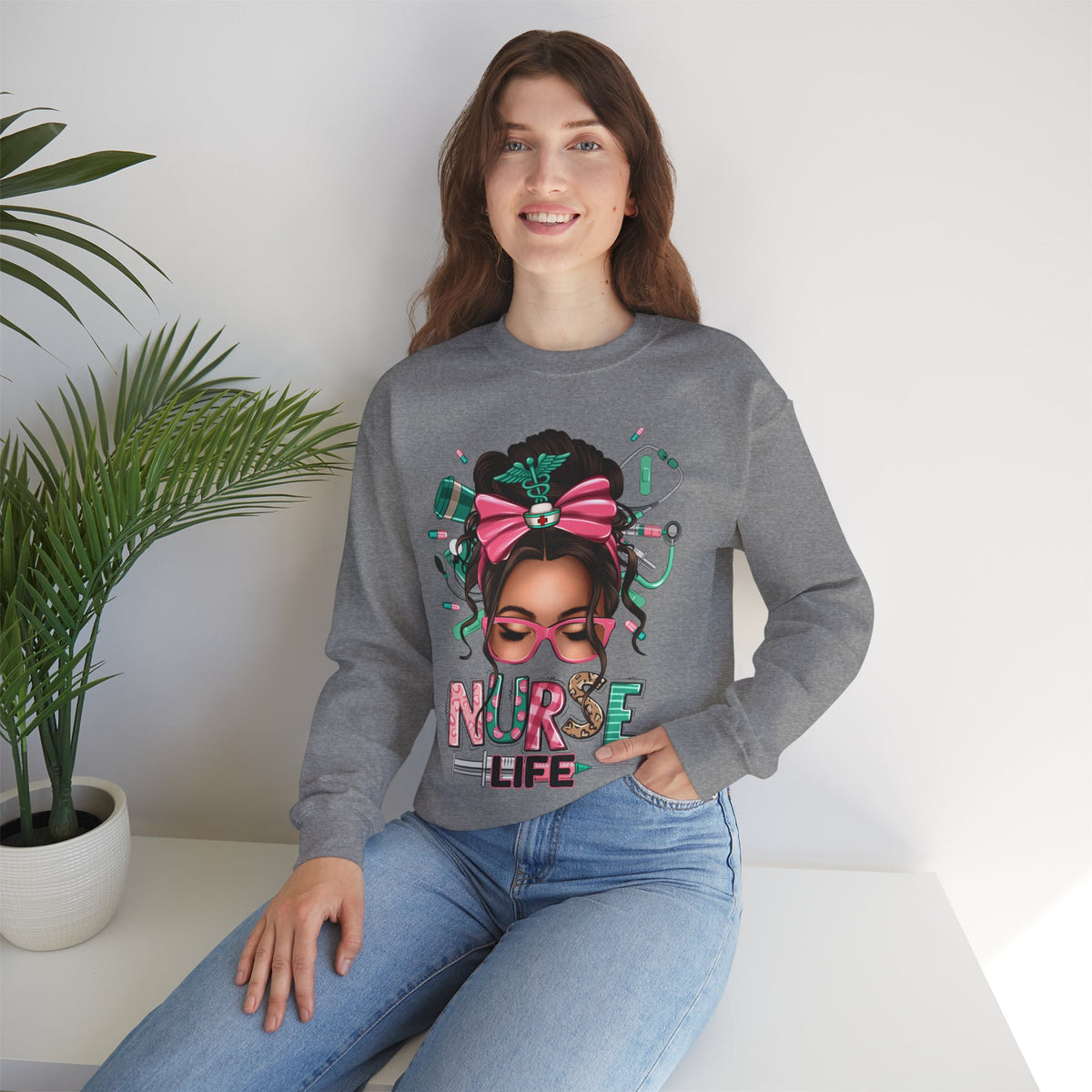 Nurse Life Messy Bun, Cute Stethoscope & Syringe – Gildan Heavy Blend | Trendy Women’s Soft Sweatshirt. Direct to Garment. Printed & Shipped in the USA. Unisex Sizes.