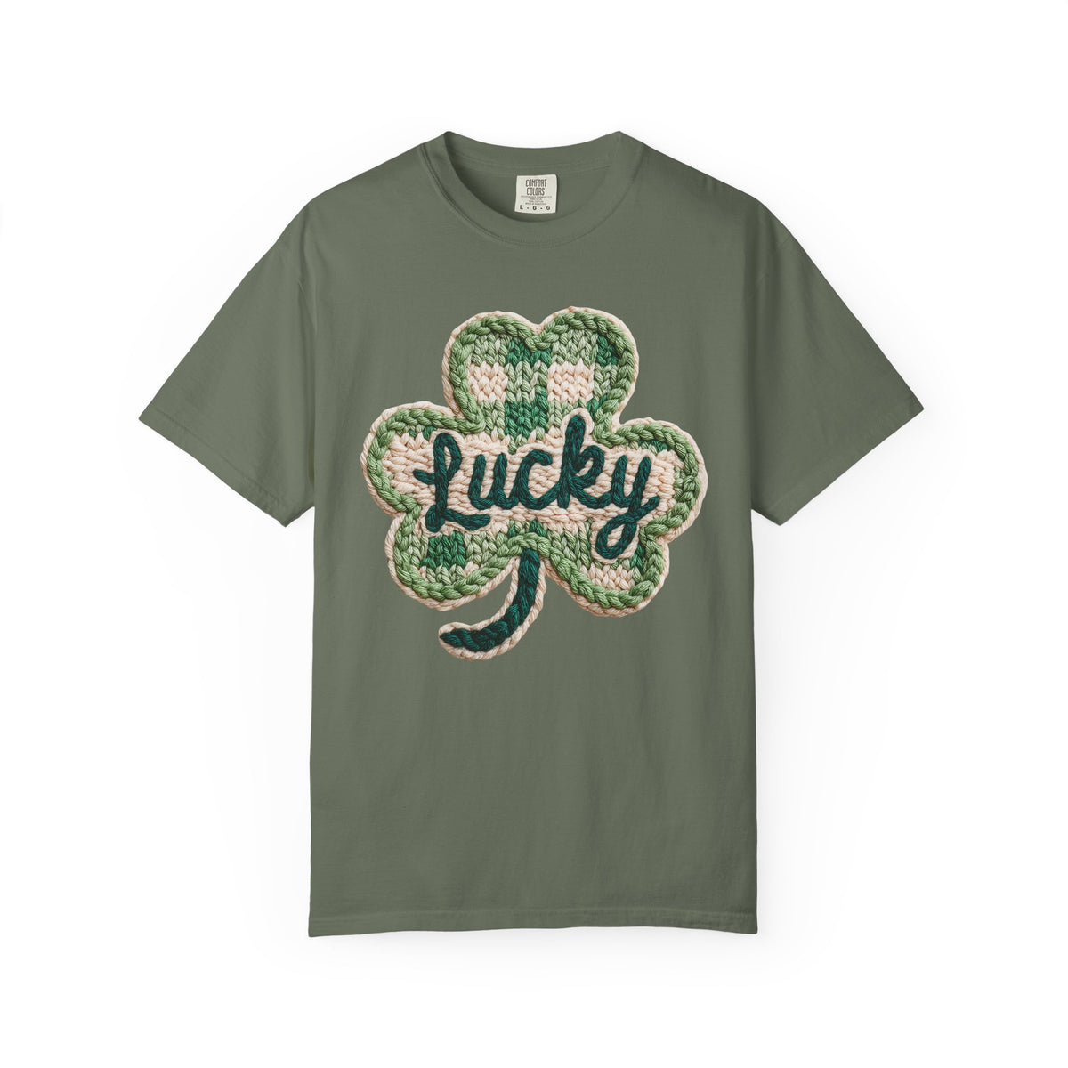 Lucky Shamrock Faux Knit - Comfort Colors | Trendy Men's and Women's T-Shirt. Direct to Garment. Printed & Shipped in the USA. Unisex Sizes.