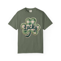 Lucky Shamrock Faux Knit - Comfort Colors | Trendy Men's and Women's T-Shirt. Direct to Garment. Printed & Shipped in the USA. Unisex Sizes.