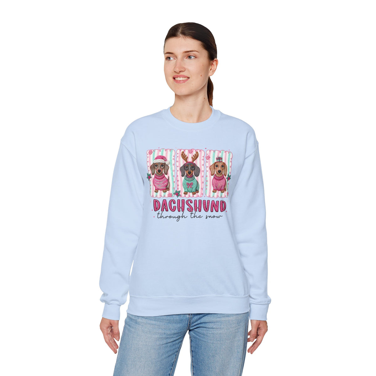 Dachshund Through the Snow – Gildan Heavy Blend | Trendy Women’s Soft Sweatshirt. Direct to Garment. Printed & Shipped in the USA. Unisex Sizes.