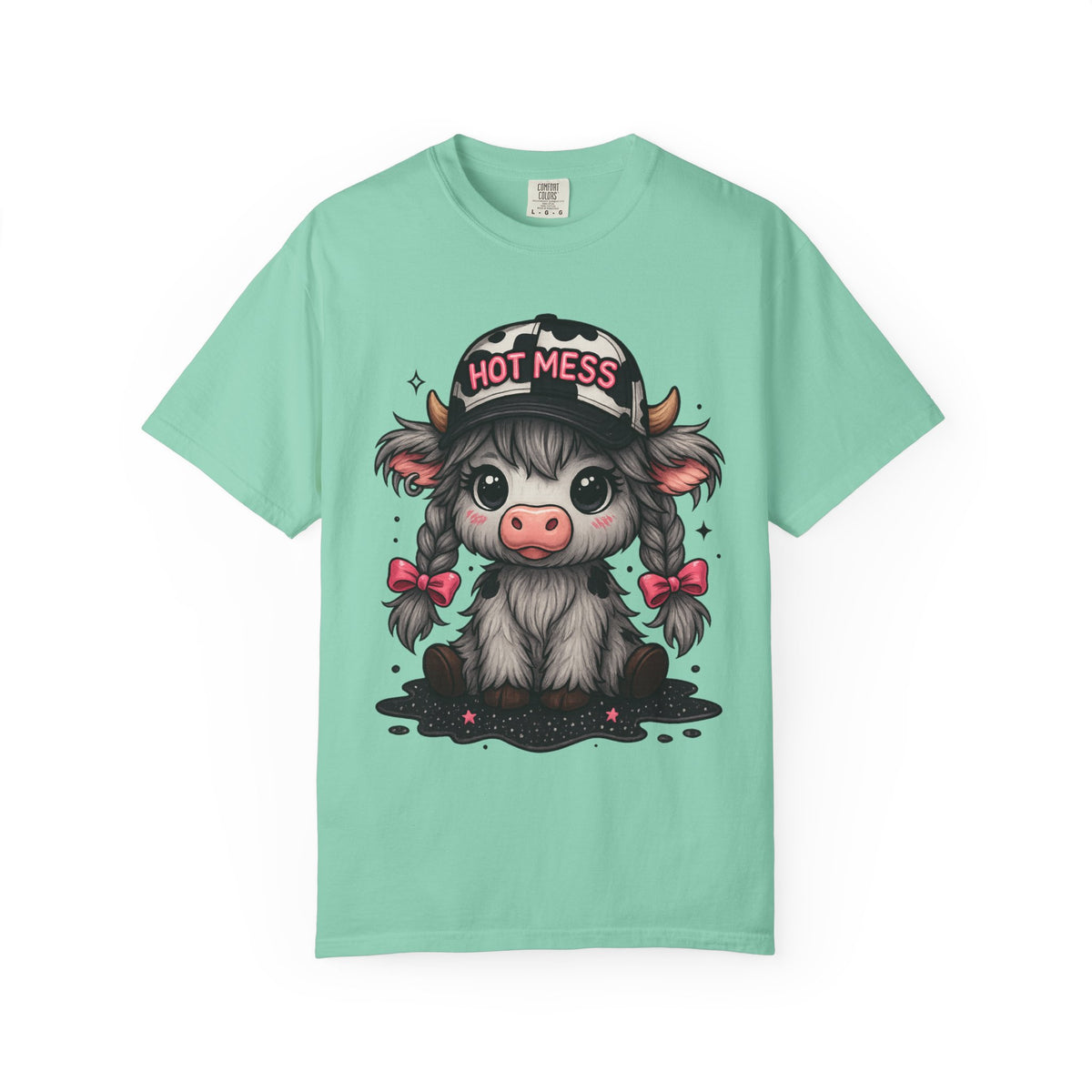 Cute Highland Cow 'Hot Mess' In Braids  - Comfort Colors | Trendy Women's T-Shirt. Direct to Garment. Printed & Shipped in the USA. Unisex Sizes.