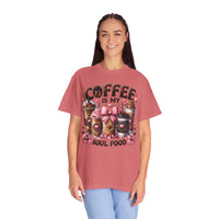 Coffee Is My Soul Food, Iced Coffee, Pink Bow - Comfort Colors | Trendy Women's T-Shirt. Direct to Garment. Printed & Shipped in the USA. Unisex Sizes.