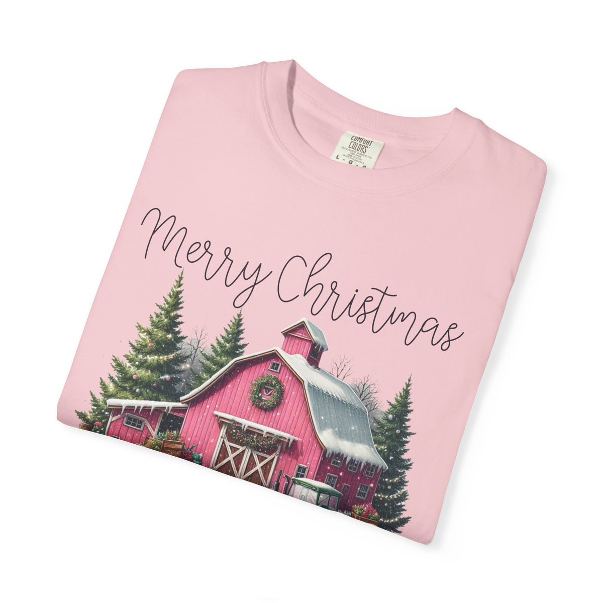 Merry Christmas Pink Barn Farm Animals - Comfort Colors | Trendy Women's T-Shirt. Direct to Garment. Printed & Shipped in the USA. Unisex Sizes.
