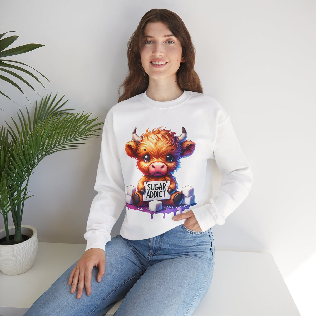 Sugar Addict Highland Cow – Gildan Heavy Blend | Trendy Women’s Soft Sweatshirt. Direct to Garment. Printed & Shipped in the USA. Unisex Sizes.