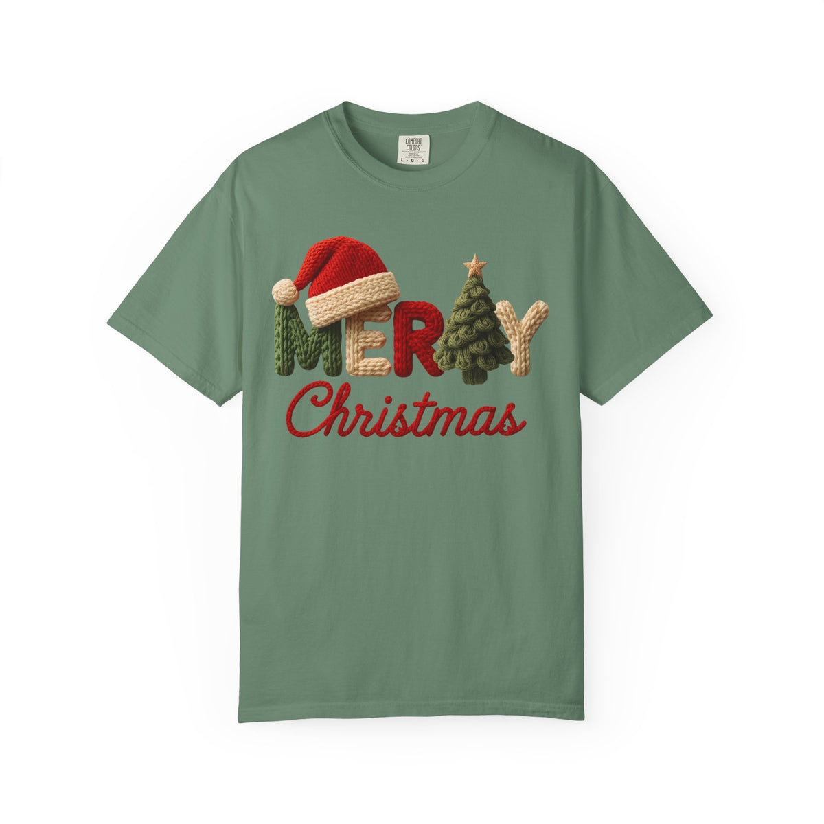 Merry Christmas Faux Yarn w/Santa Hat & Tree - Comfort Colors | Trendy Women's T-Shirt. Direct to Garment. Printed & Shipped in the USA. Unisex Sizes.
