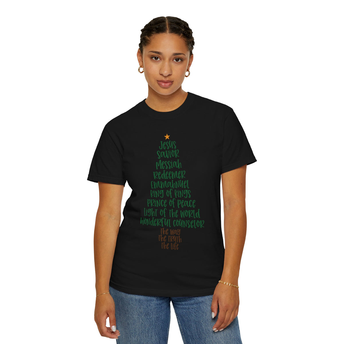 Jesus Name Christmas Tree - Comfort Colors | Trendy Women's T-Shirt. Direct to Garment. Printed & Shipped in the USA. Unisex Sizes.