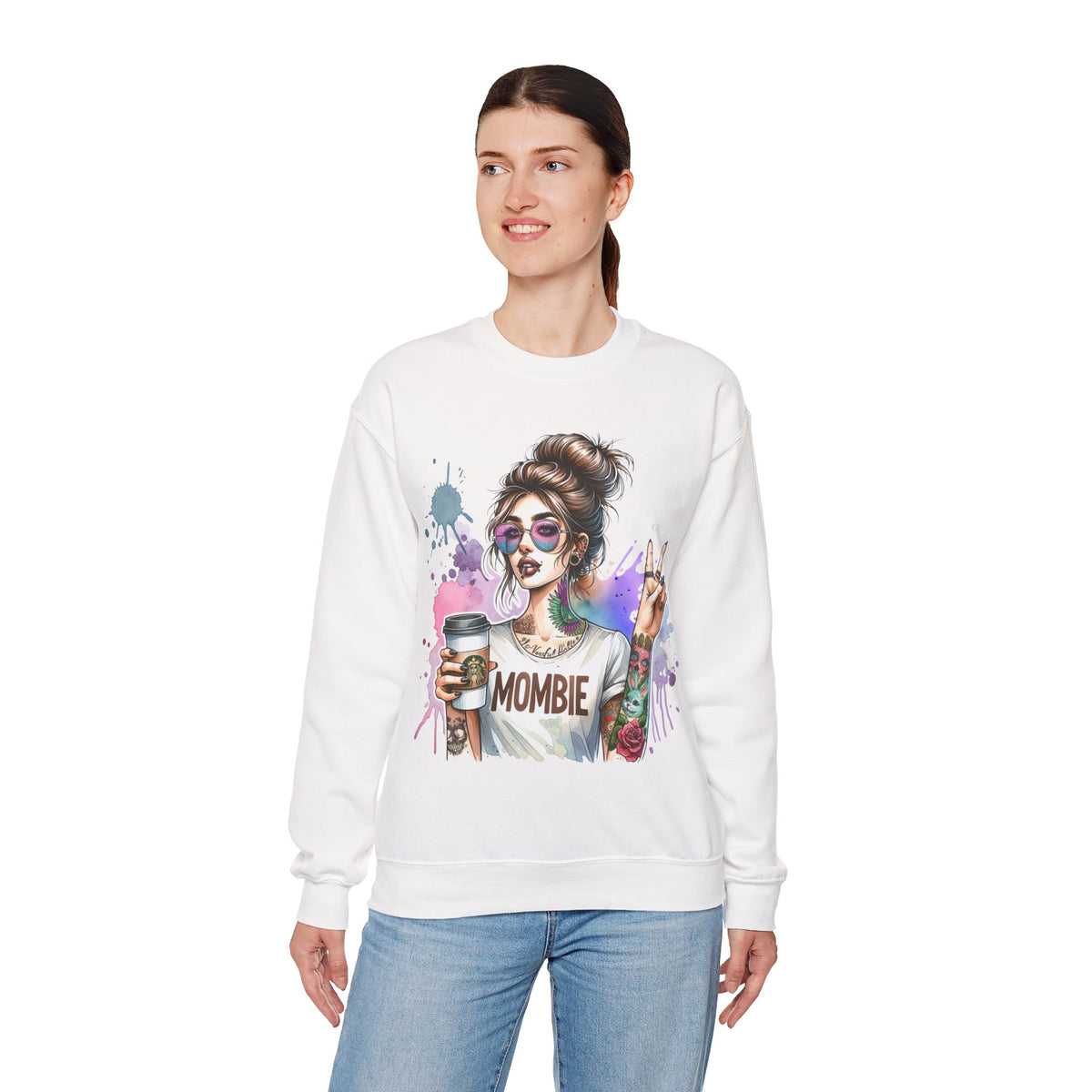 Cool Mombie with Coffee Peace Tattoo - Tired Mom – Gildan Heavy Blend | Trendy Women’s Soft Sweatshirt. Direct to Garment. Printed & Shipped in the USA. Unisex Sizes.